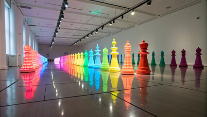 Brightly colored oversized chess pieces in modern gallery setting