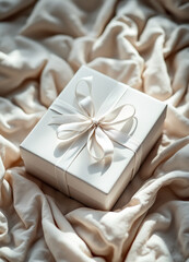 A white gift box with a white ribbon on a crumpled white fabric background