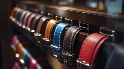 Collection of Diverse Leather Belts Displayed on Rack in Retail Store, Featuring Various Colors and Textures for Fashion and Accessories Enthusiasts