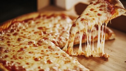 Golden, cheesy pizza slice pulls away, revealing gooey strands and a perfectly baked crust, tempting taste buds.