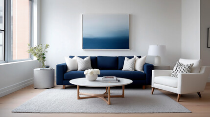 living room decorated with blue sofa with white cushions, white armchair, central table and blue abstract painting on white wall.