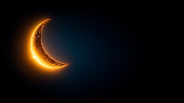 Minimalist design of a single glowing crescent moon on a deep navy blue background.