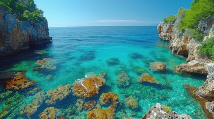 Fototapeta premium Tranquil Bay Surrounded by Tall Cliffs and Clear Waters