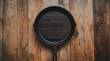 Fototapeta premium Rustic Cast Iron Grill Pan on Wooden Surface Perfect for Cooking Delicious Meals in a Vintage Kitchen Setting with Warm Earthy Tones