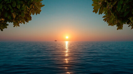 Ocean reflection at moonrise, a line silhouette of a historic ship in the distance.