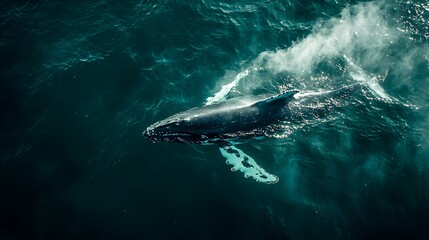 Fototapeta premium A majestic humpback whale swimming gracefully in the deep blue ocean.