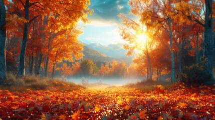 Fototapeta premium Vibrant Autumn Forest with Colorful Leaves and Hills