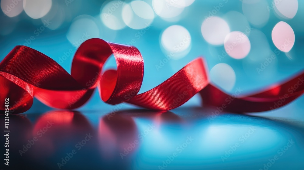 Poster beautiful red satin ribbon twisting elegantly on a soft focus background with bokeh lights, perfect 