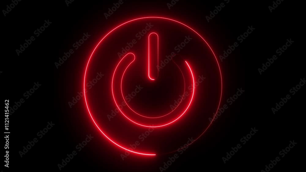 Poster neon glowing power button icon animated on a black background ,the appearance of neon symbol power o