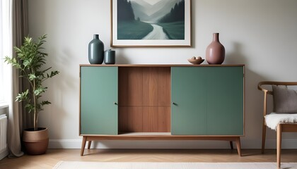 Wood sideboard in green living room with copy space