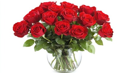 Beautiful bouquet of fresh red roses elegantly arranged in a clear glass vase with vibrant green leaves for a romantic and classic floral display