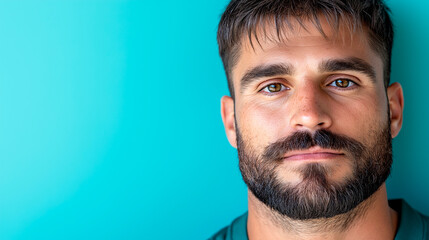 Obraz premium Spanish man, young, with beard, posing for the camera on pastel blue studio background. 
