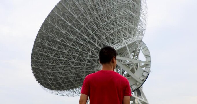 Young people next to the Tianmashan radio telescope in Songjiang District, Shanghai