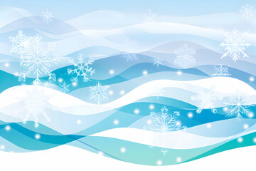 Serene winter wonderland background featuring delicate snowflakes falling over gently flowing blue and white waves. Ideal for winter-themed designs, holiday cards, or seasonal promotions.