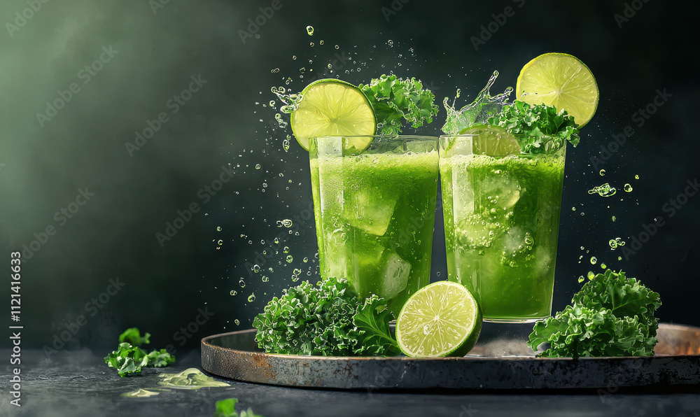 Poster refreshing green juice with lime and kale on rustic tray in vibrant color scheme