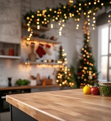 Festive kitchen with Christmas decorations, warm lights, and holiday spirit. Cozy atmosphere with decorated tree, stockings, and festive items on counter., copy space for text