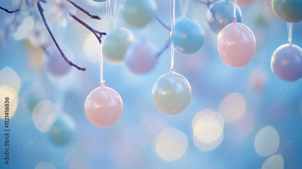 Poster delicate pastel ornaments hanging from branches in a dreamy setting with soft bokeh background for s