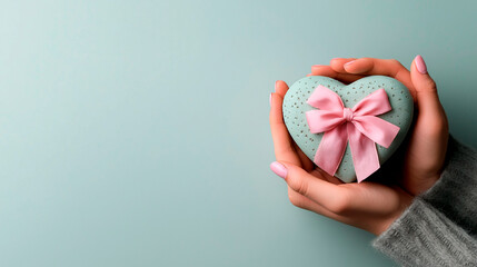 View from above woman hands holding a pastel green and pink heart shaped box with satin bow with mint green background