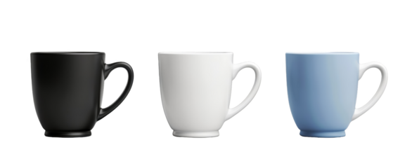 Three mugs in black, white, and light blue.