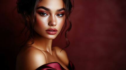 Naklejka premium Beauty portrait showcasing elegant makeup and soft lighting in a rich burgundy background