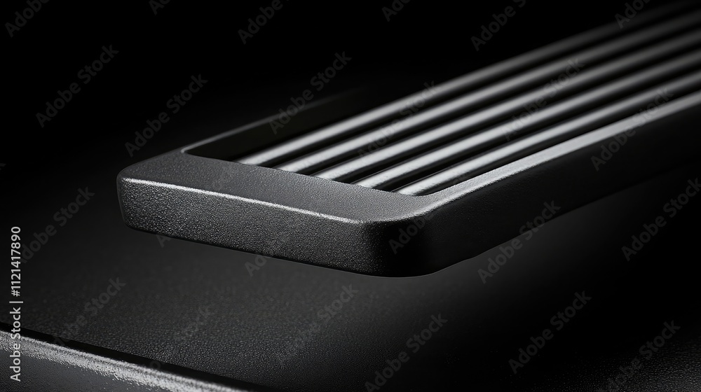 Poster close-up of a black textured surface with striped pattern, highlighting smooth edges and modern desi