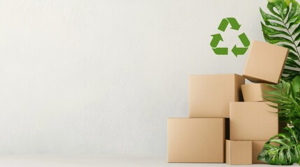 Environmental emissions concept. A stack of cardboard boxes beside a green plant and a recycling symbol, emphasizing sustainability and eco-friendly practices.