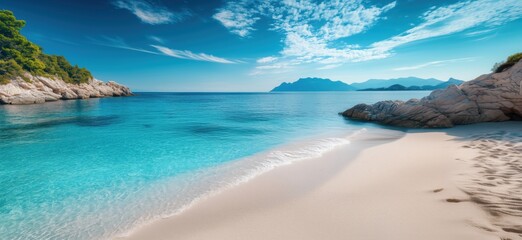Obraz premium Tropical beach with turquoise water and rocky coastline, serene atmosphere, clear skies, distant mountains, soft sand, copy space for text