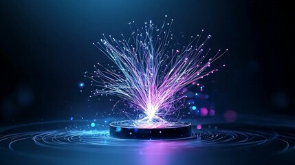 fiber optic and scalability concept. A vibrant display of colorful sparks emanating from a circular base in a dark setting.