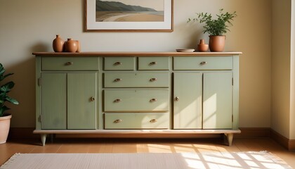 Wood sideboard in green living room with copy space