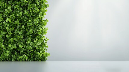 Obraz premium A vibrant green plant wall contrasts against a minimalist, light-colored background, creating a fresh and inviting atmosphere.
