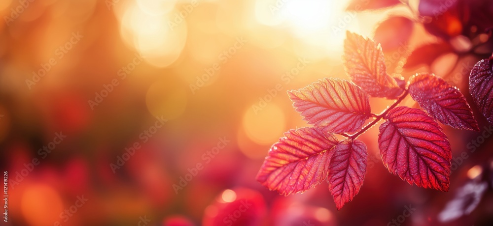 Aufkleber vibrant red leaves illuminated by sunlight, showcasing intricate textures and colors. soft bokeh bac