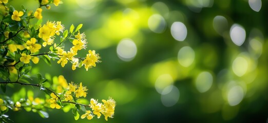 Yellow flowers with bokeh background, vibrant green foliage, soft focus, natural beauty, spring atmosphere, copy space for text