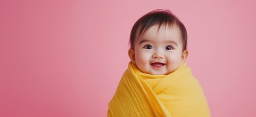 Happy baby wrapped in yellow blanket, smiling joyfully against pink background. Bright, cheerful expression, soft lighting, adorable features., copy space for text