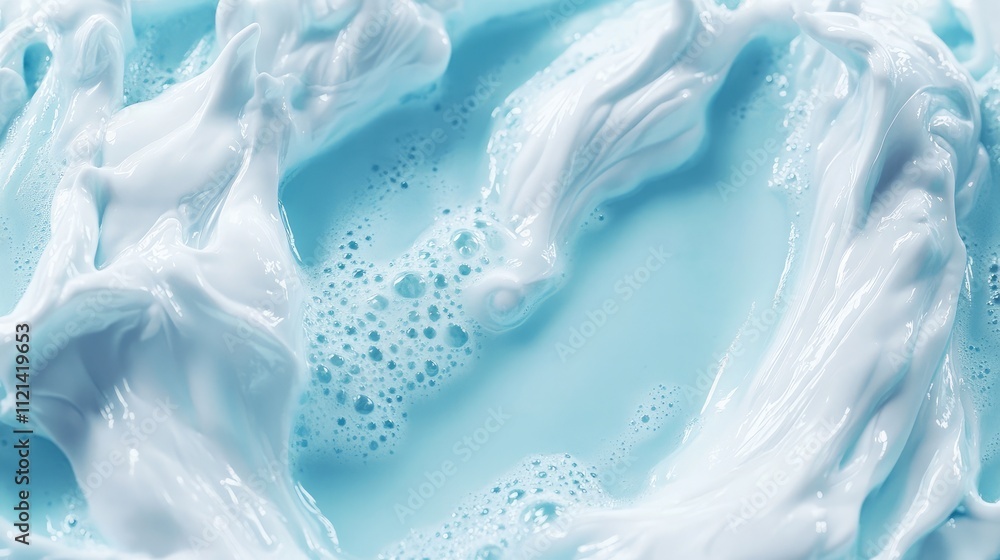 Poster delicate swirls of light blue creamy texture with bubbles and foam captured in a smooth surface clos