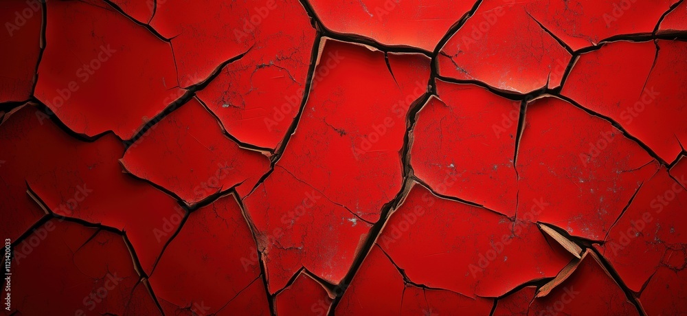 Poster cracked red surface with intricate patterns, showing deep fissures and texture variations, highlight