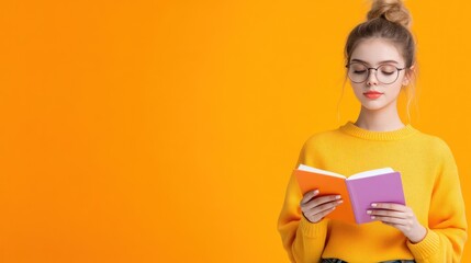 Fototapeta premium Young woman reading a book against a bright orange background.