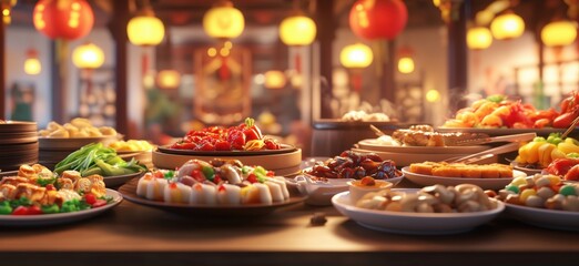 Fototapeta premium Chinese banquet feast with diverse dishes, vibrant colors, and warm ambiance. Tables filled with dumplings, seafood, vegetables, and desserts., copy space for text
