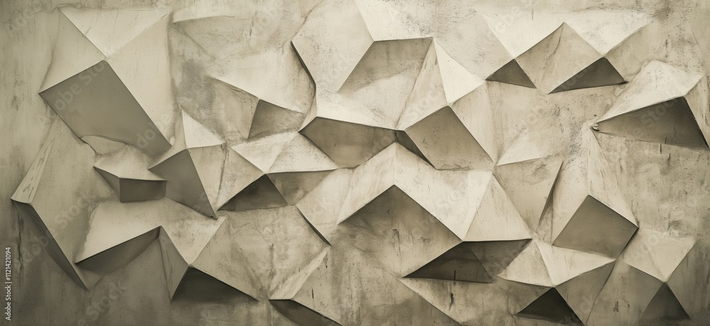 Poster geometric wall art with angular shapes and textures, showcasing three-dimensional forms and shadows,