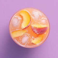 Iced peach drink in glass with ice cubes on purple background.