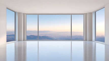 Spacious modern interior with large windows showcasing a stunning mountain view.