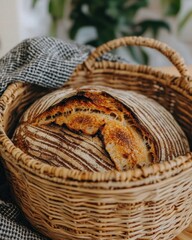 Obraz premium Freshly Baked Bread in Woven Basket with Rustic Background