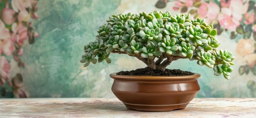 Succulent bonsai plant in decorative pot, vibrant green leaves, floral background, artistic arrangement, copy space for text