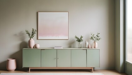 Wood sideboard in green living room with copy space