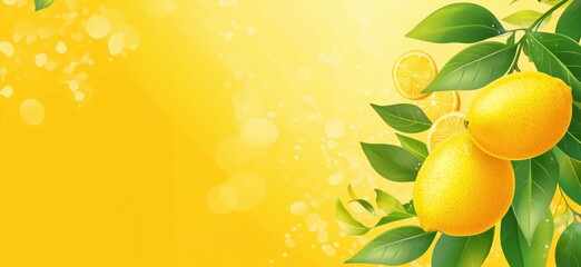 Lemons with leaves and slices, vibrant yellow background, fresh and juicy appearance, ideal for summer themes, copy space for text