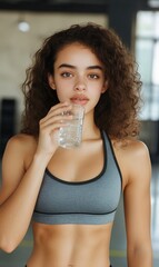 Young woman in athletic wear drinking water in a gym setting.