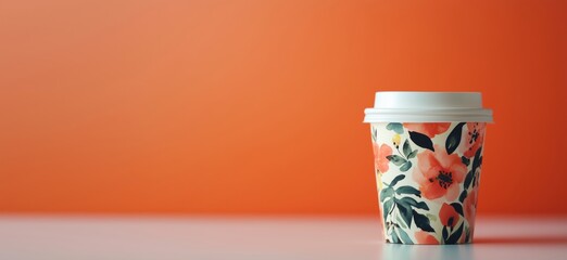 Floral coffee cup on orange background, vibrant design, modern aesthetic, minimalistic composition, copy space for text