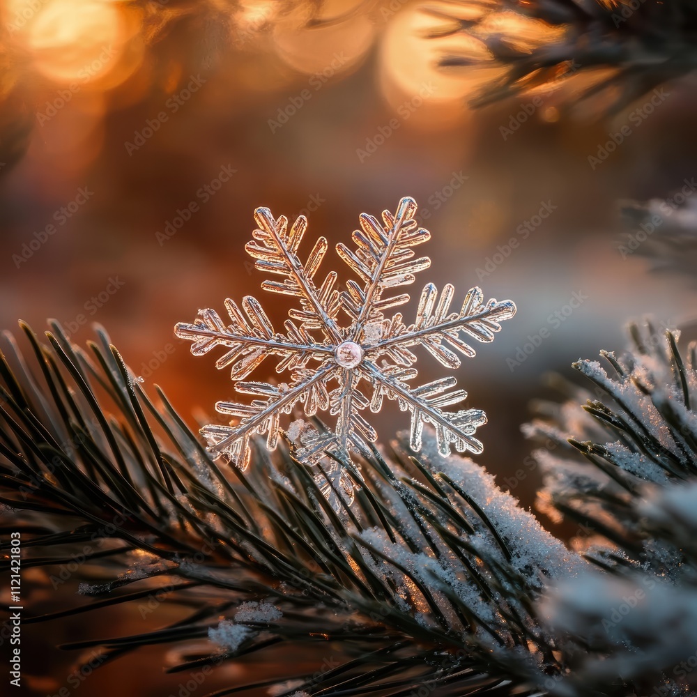 Poster beautiful snowflake ornament on pine branch with soft background glow