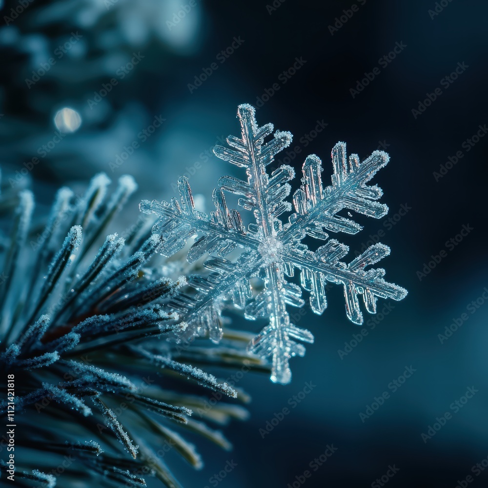 Poster close-up of a snowflake on a pine needle with a soft focus background