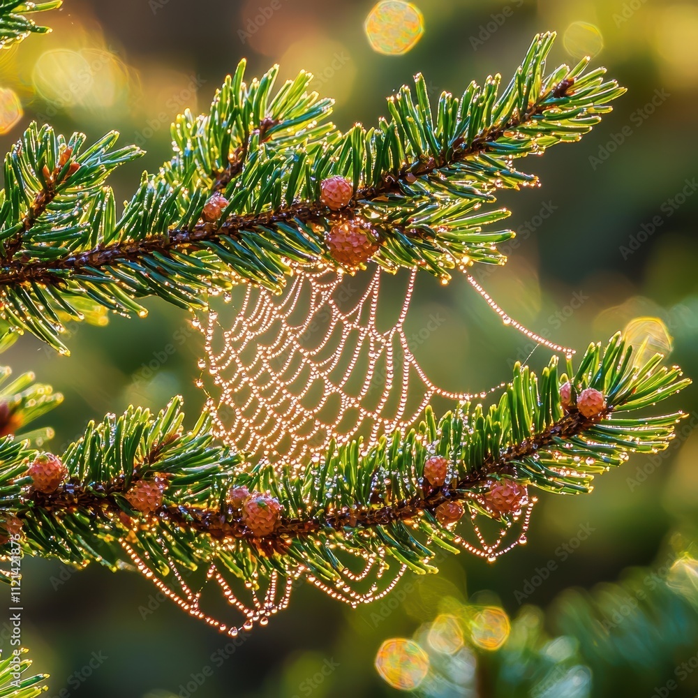 Poster dew-covered spider web on pine branch with bokeh effect in nature