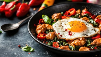 Colorful Bowl of Delicious Stir-Fried Chicken with Fresh Vegetables, Chili Peppers, and a Fried Egg Garnished with Spices and Herbs in a Rustic Setting